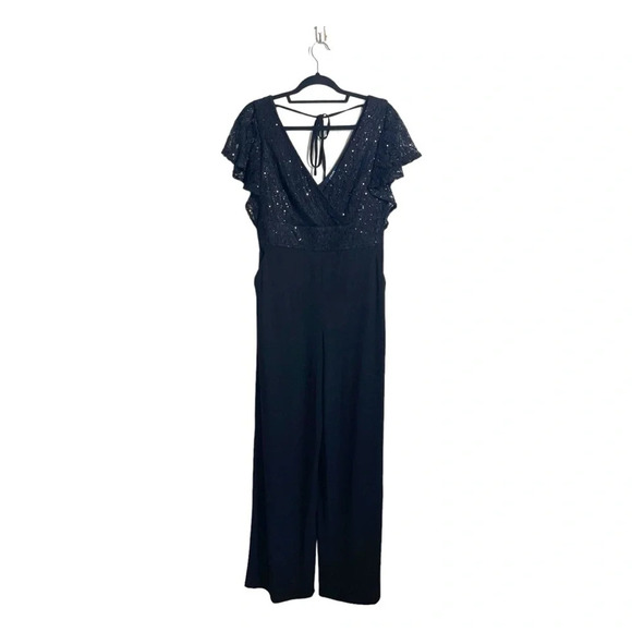 Chaps Black Sequin V-neck Flutter Sleeve Open Back Jumpsuit 8 Women’s - Picture 1 of 12